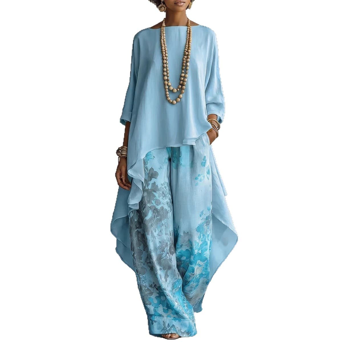 2026 New Cross-Border European and American Style Printed Irregular Loose Pants and Round Neck Top Two-Piece Set with Short Front and Long Back