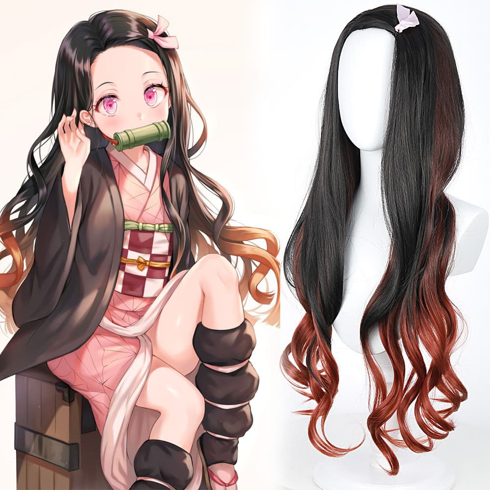 Demon Slayer Nezuko Kamado Wig's black gradient orange long curly hair color-blocked anime cosplay fake product.
